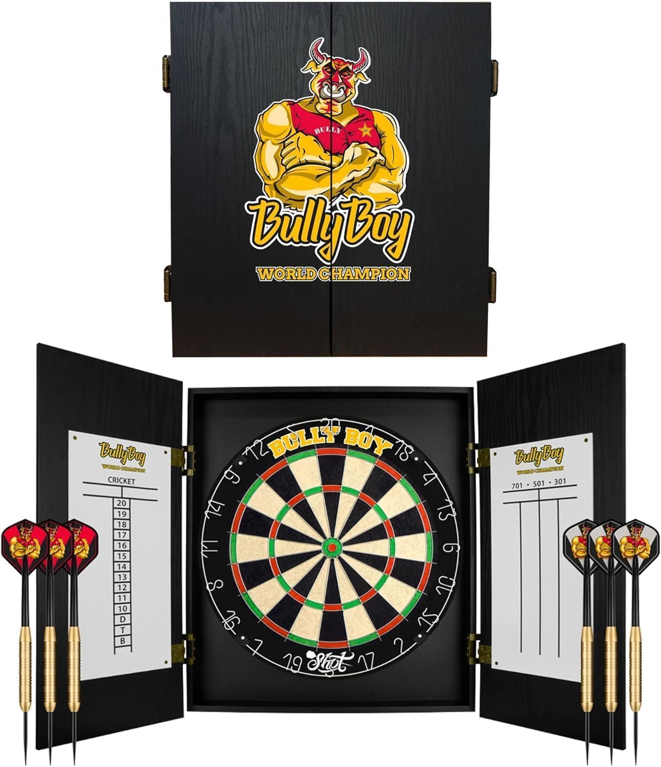 Shot Michael Smith Bully Boy World Champion Dartboard Cabinet Set Home Centre with Steel tip Darts