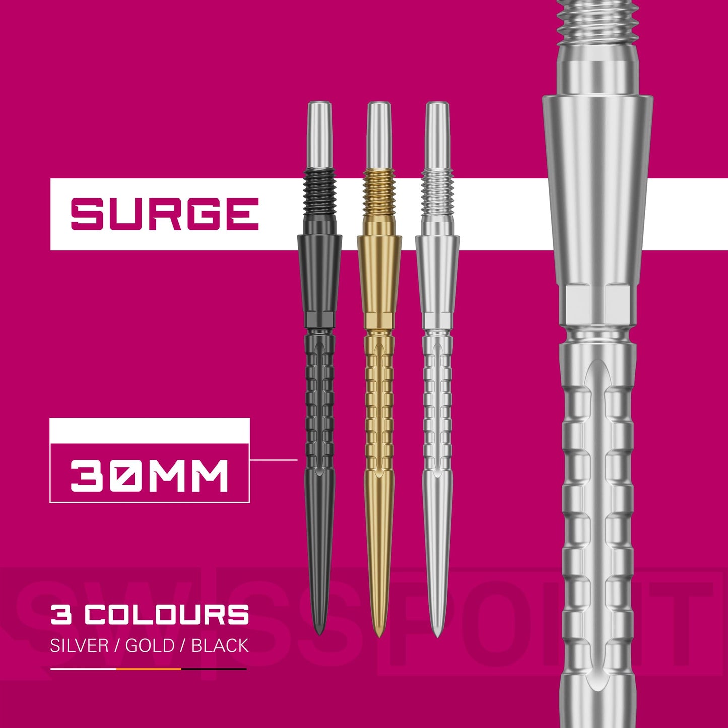 TARGET Darts Swiss Point Storm Dart Points, Surge (3 Pack Set of Tips) 26MM/30MM/35MM – Gold/Silver/Black | Change Dart Points, Swiss Storm Points, Professional Darts Accessories