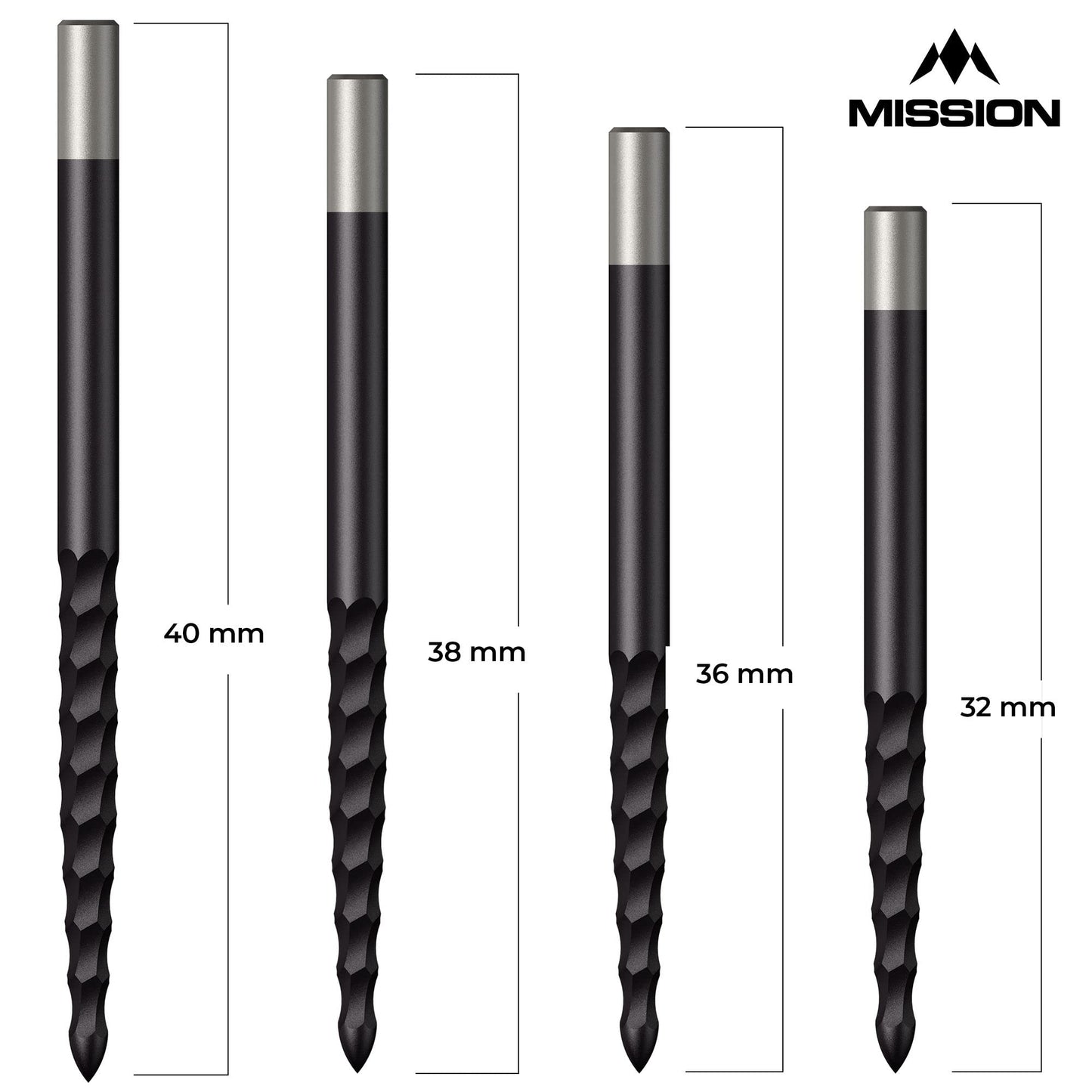 Mission Darts Lunar Black Steel Tip Replacement Dart Points with Complete or Front Grooving, Multiple Sizes