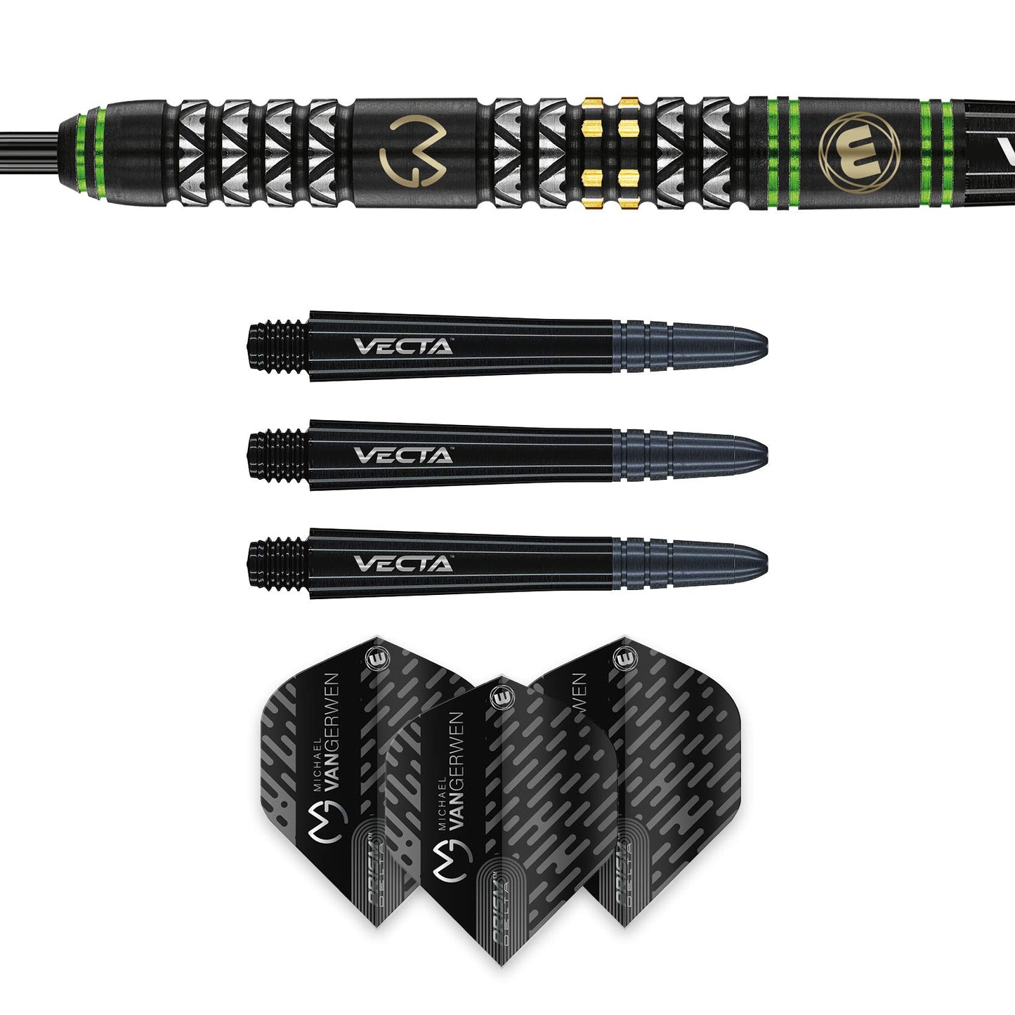 WINMAU Michael van Gerwen MvG Vantage Tungsten Steeltip Darts Set with Prism Flights and Vecta Shafts (Stems)