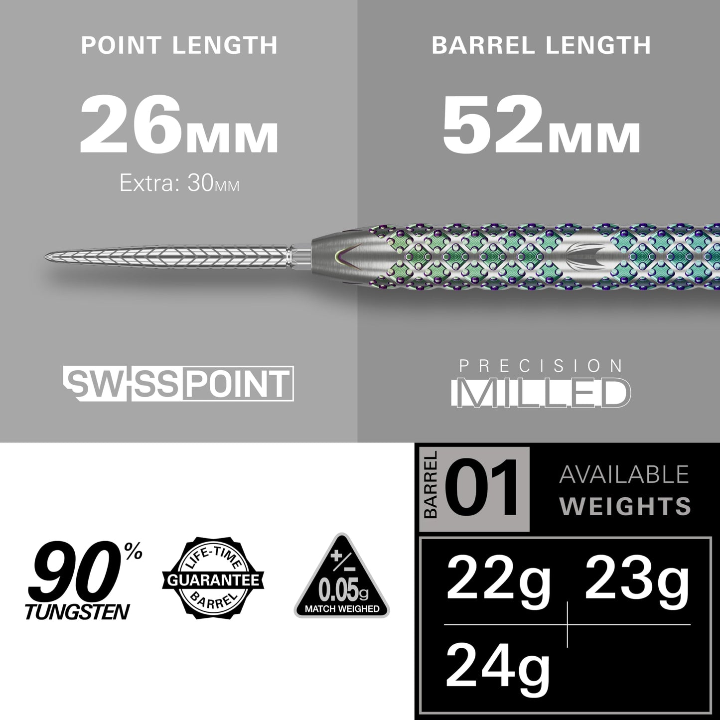 TARGET Darts Rove Steel Tip Swiss Point Darts, 90% Tungsten Dart Set | Steel Tip Dart, Green & Silver Darts, Professional Dart Set with Swiss Points & Tool | Barrel 01/02/03 –22G/23G/24G/25G