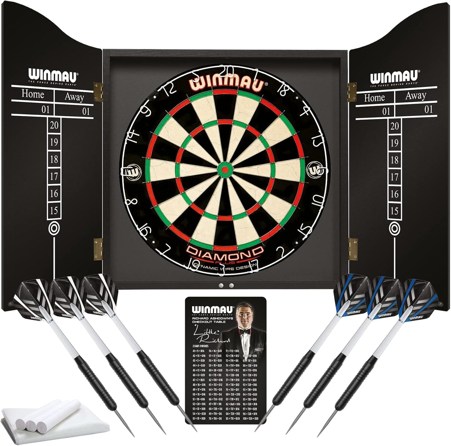 WINMAU Professional Dart Set includes Diamond Plus Bristle Dartboard - Black Cabinet - 2 Sets of Darts - Official Oche Line