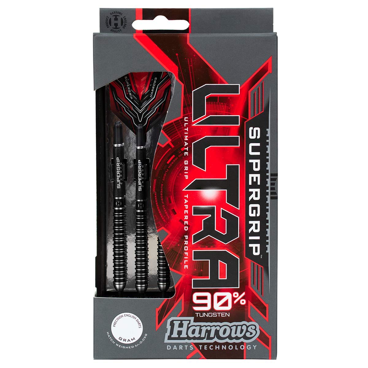 Harrows SUPERGRIP ULTRA 90% Tungsten Steel Tip Darts Set. Available in 21g, 22g, 23g, 24g, 25g, 26g, 28g & 30g - Includes Supergrip Carbon Shafts, Supergrip Flights & Travel Case
