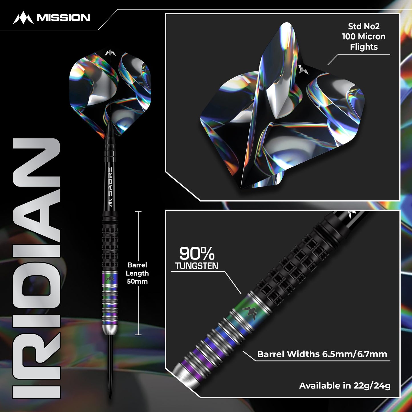 Mission | Iridian Darts | Steel Tip Darts Set | 90% Tungsten Barrel | Black & Coral PVD | Includes Dart Flights and Stems | Available in Multiple Weights.