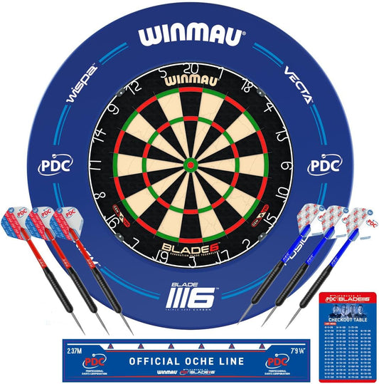 WINMAU PDC Surround with Blade 6 Dartboard and Darts Accessories Set