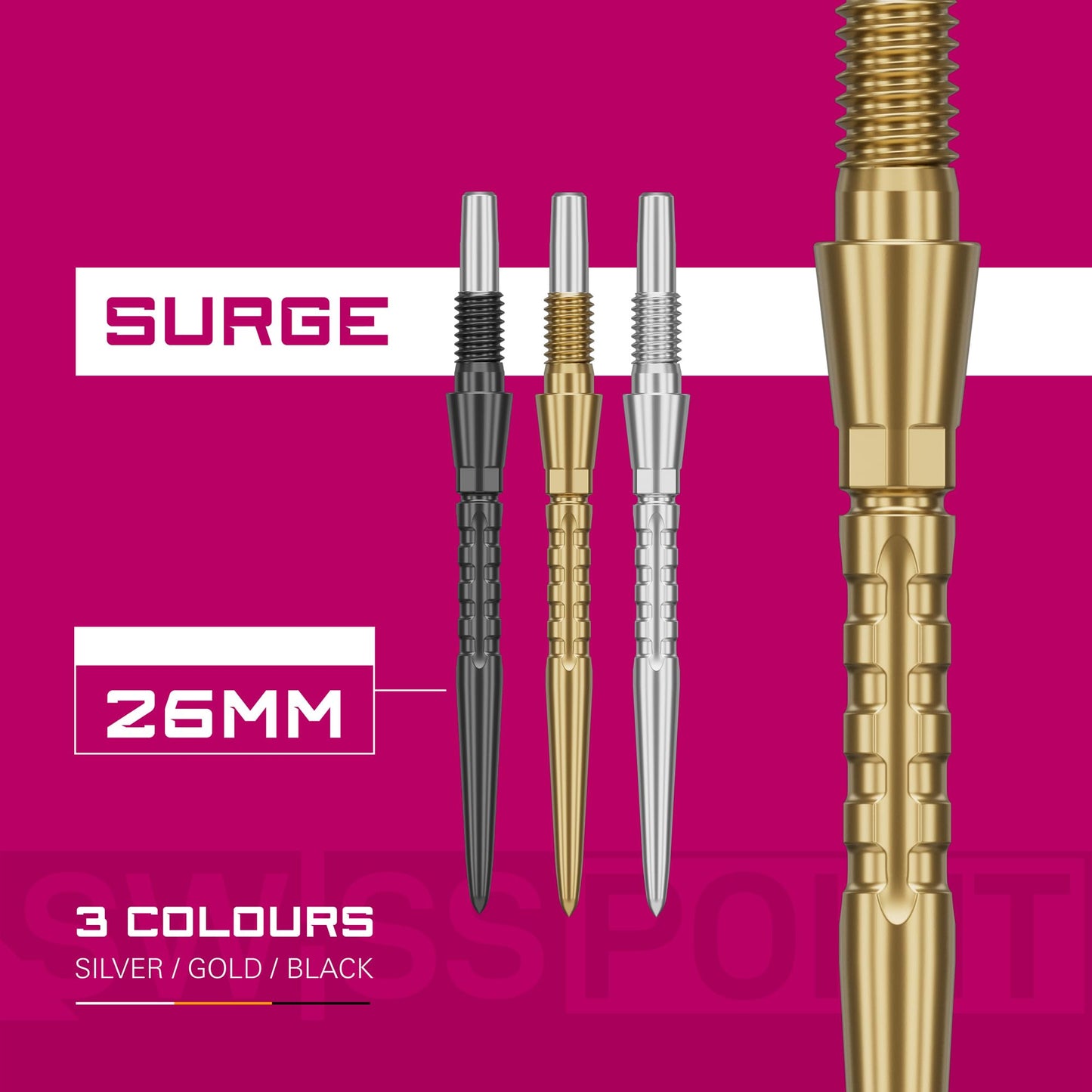 TARGET Darts Swiss Point Storm Dart Points, Surge (3 Pack Set of Tips) 26MM/30MM/35MM – Gold/Silver/Black | Change Dart Points, Swiss Storm Points, Professional Darts Accessories