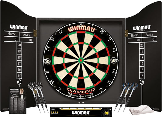 WINMAU Professional Dart Set includes Diamond Plus Bristle Dartboard - Black Cabinet - 2 Sets of Darts - Official Oche Line