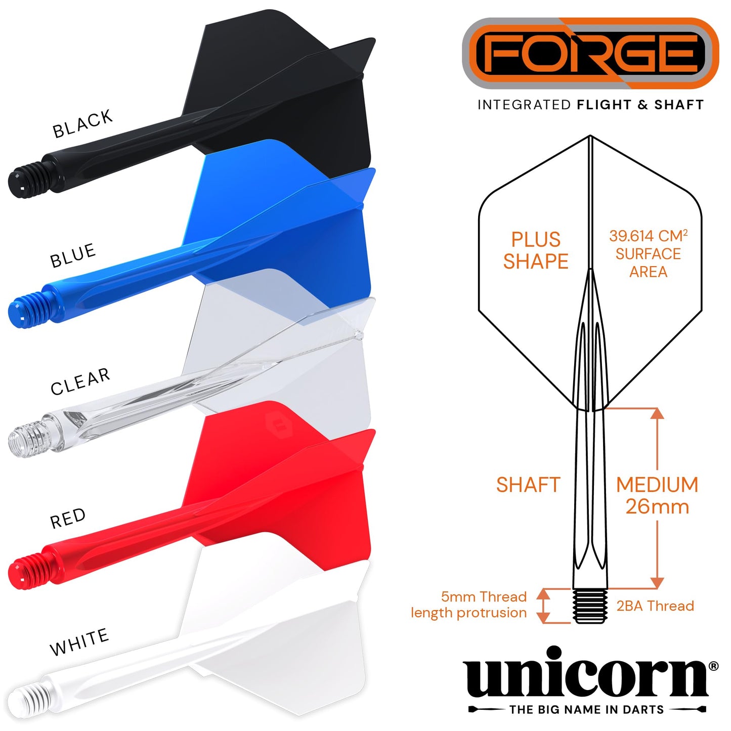 Unicorn Forge Integrated Dart Flights & Shafts | 1 Piece Construction for Perfect 90˚ Angle | Lightweight Tough Polymer | Standard Plus Shape & 2BA Thread | Medium Length Stem 26 mm |