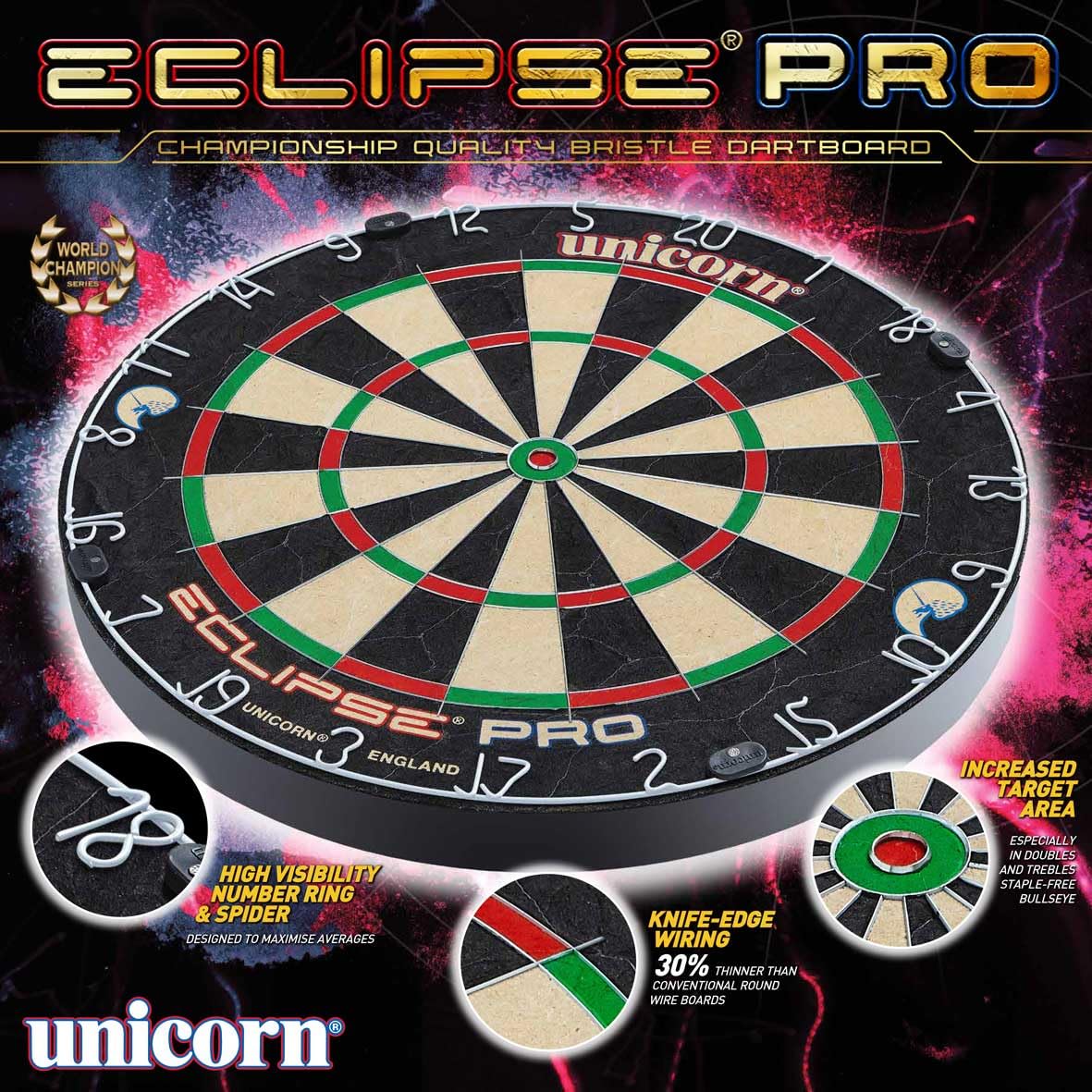 UNICORN Dartboard | Eclipse Pro | Ultra-Visible Number Ring & Spider | Championship Quality Sisal Bristle | Staple-Free Construction