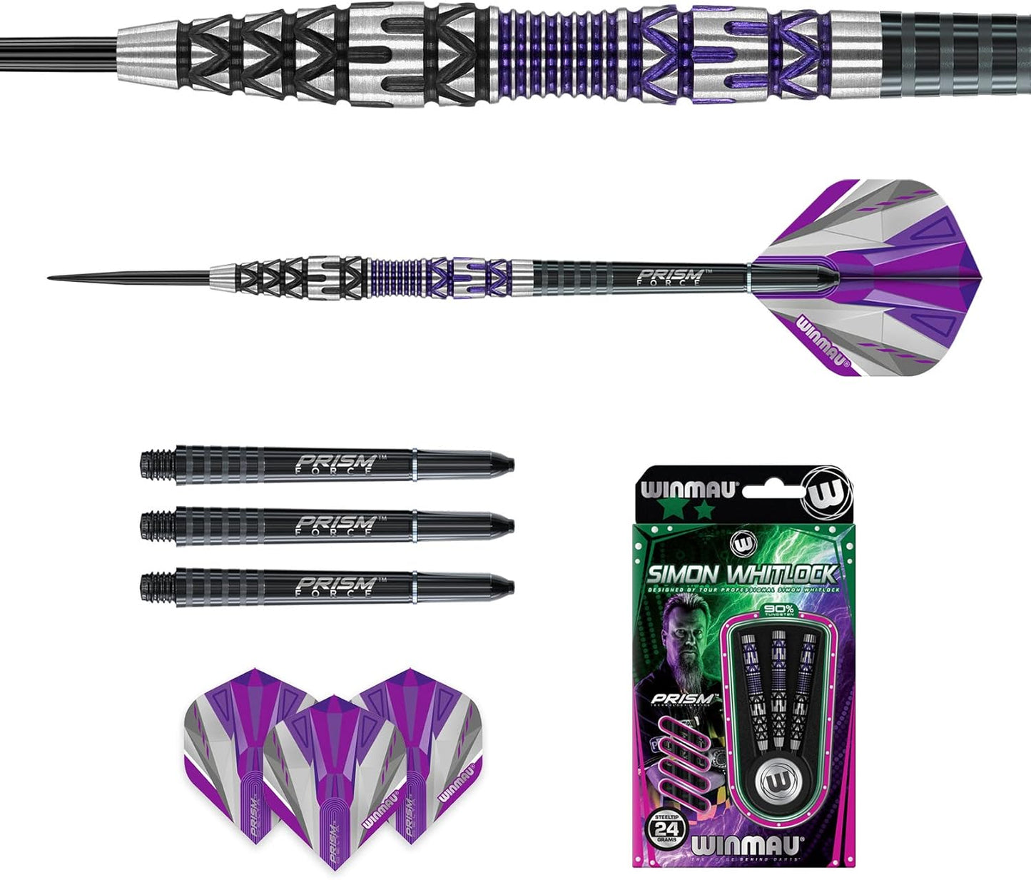 WINMAU Simon Whitlock Special Edition Tungsten Steeltip Darts Set 24g with Prism Flights and Shafts (Stems)