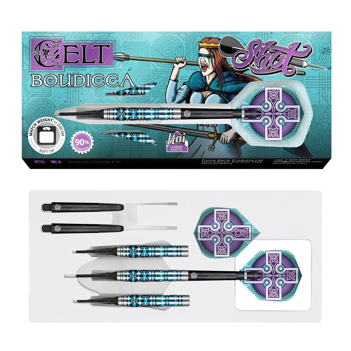 Shot! Darts Celt Boudicca 90% Tungsten Pro Throwing Darts Soft Tip Set, Professional – Made in New Zealand – Designed Dart Flights for Women & Men – Plastic Tip Bar Darts for Adults
