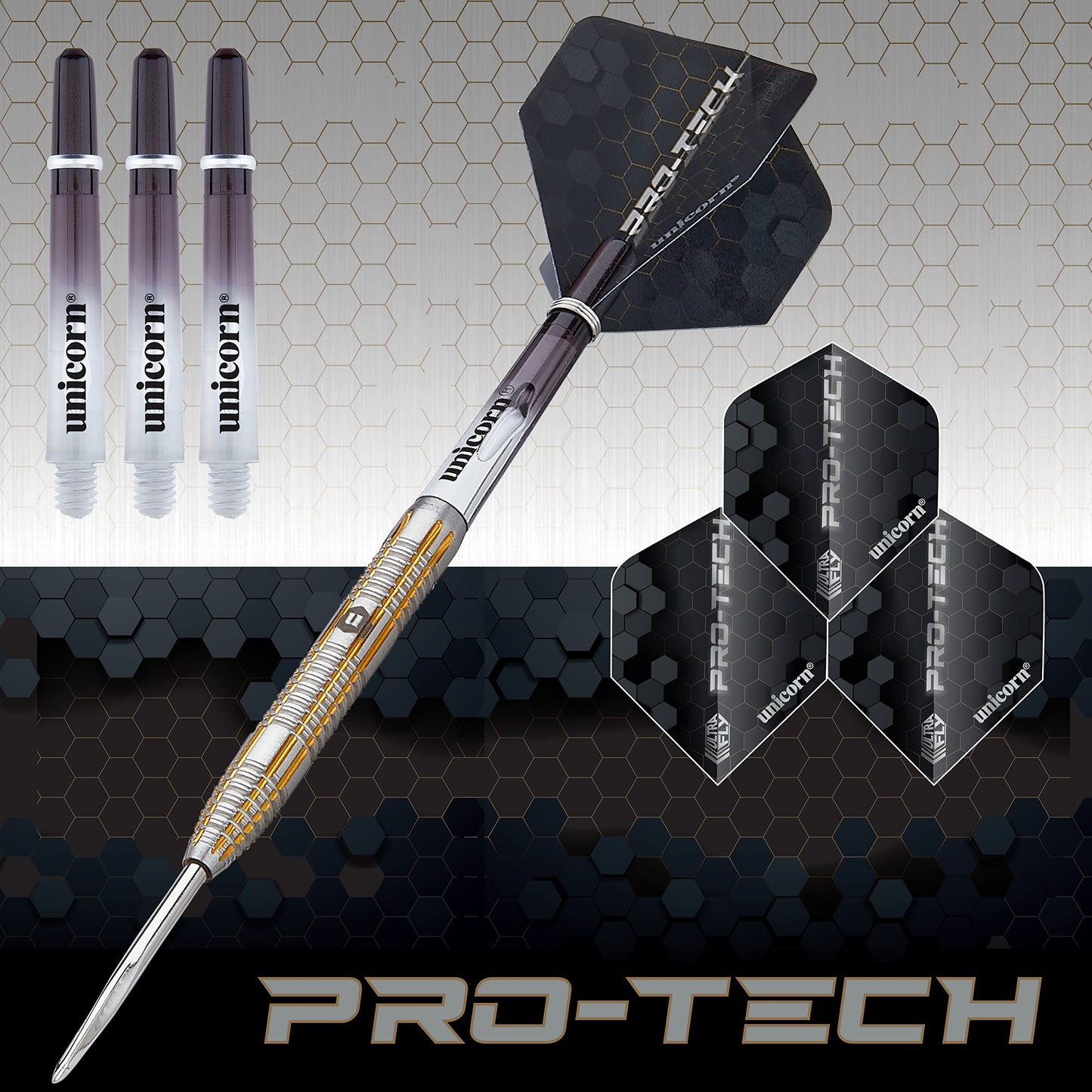 Unicorn Steel Tip Darts Set | Pro-Tech Style 1 | 90% Natural Tungsten Barrels with Golden Accents & Volute Points | 24 g