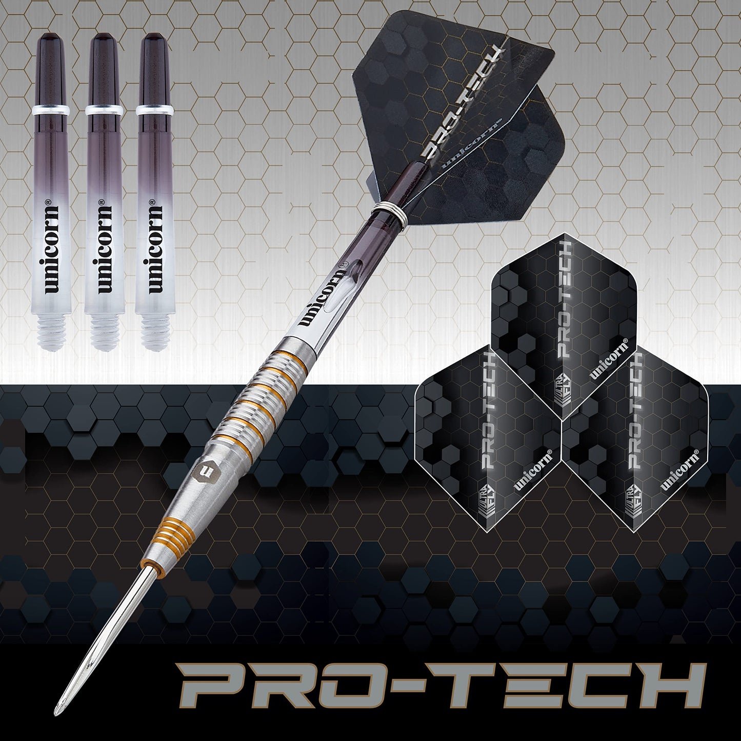 Unicorn Steel Tip Darts Set | Pro-Tech Style 1 | 90% Natural Tungsten Barrels with Golden Accents & Volute Points | 24 g