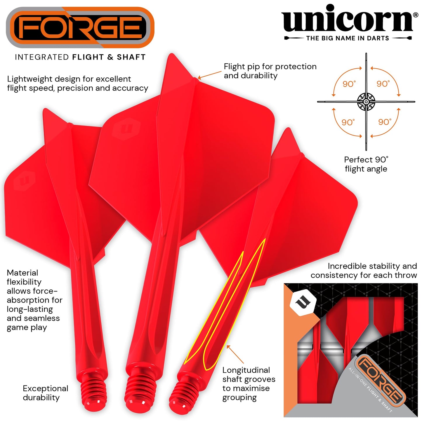 Unicorn Forge Integrated Dart Flights & Shafts | 1 Piece Construction for Perfect 90˚ Angle | Lightweight Tough Polymer | Standard Plus Shape & 2BA Thread | Medium Length Stem 26 mm |