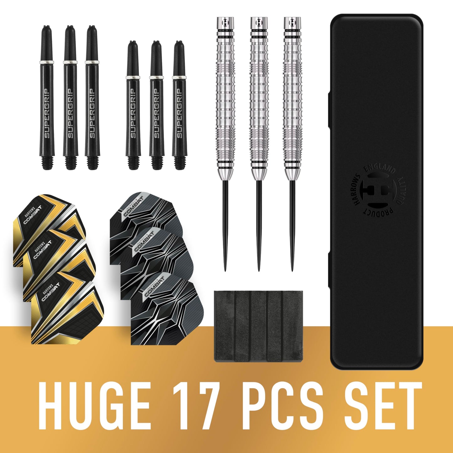 Harrows Combat 90% Tungsten Steel Tip Darts Set I 21g to 30g All Weights Available I Huge 17pcs Bundle with Spare Shafts, Prime Flights & Travel Case