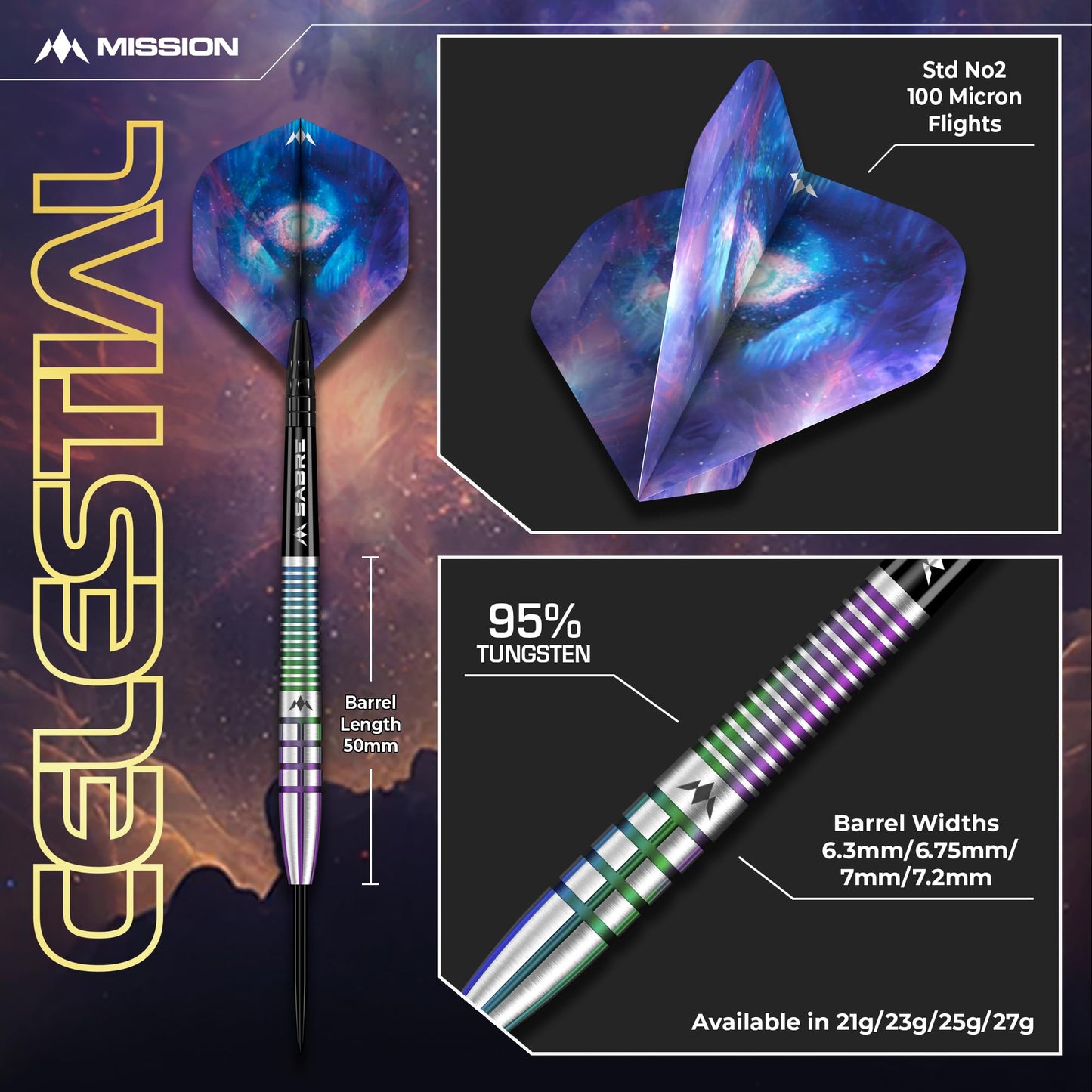 Mission | Celestial Darts | Steel Tip Darts Set | 95% Tungsten Barrel | Coral PVD | Includes Dart Flights and Stems | Available in Multiple Weights.