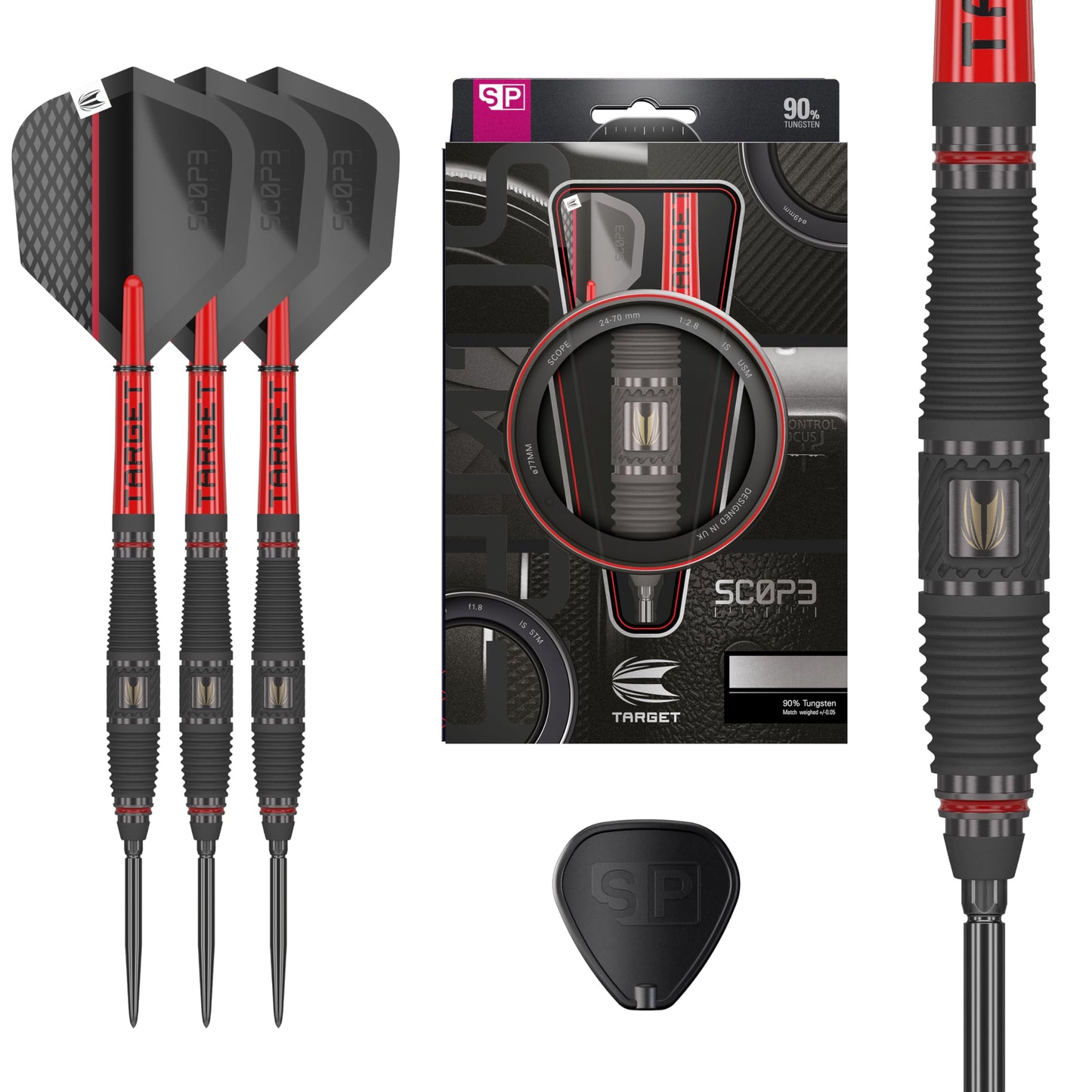 TARGET Darts Scope Steel Tip Swiss Point Darts, 90% Tungsten Dart Set | Steel Tip Dart, Red & Black Darts, Professional Dart Set with Swiss Points & Tool | Barrel 01/02/03/04 –21G/22G/23G/24G/25G