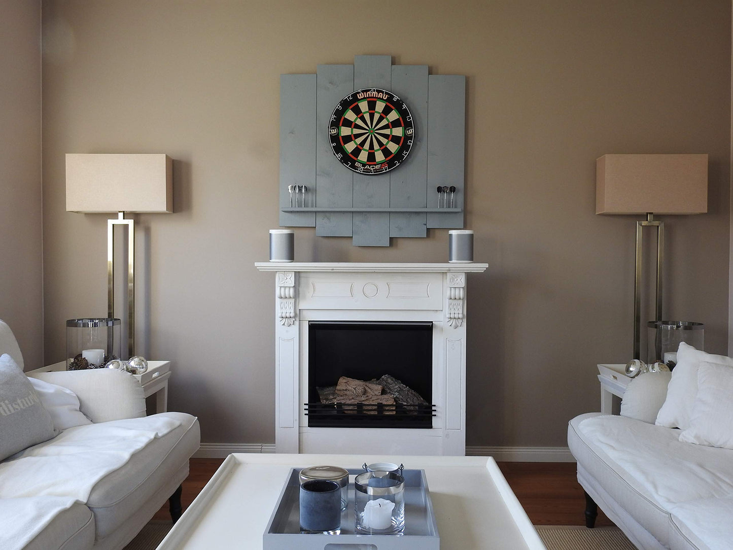WOODEN Dartboard Surround | Premium dart wall protection & tablet holder | Flamed "Burned Look" or colour design (catch ring, dart surround, backboard)