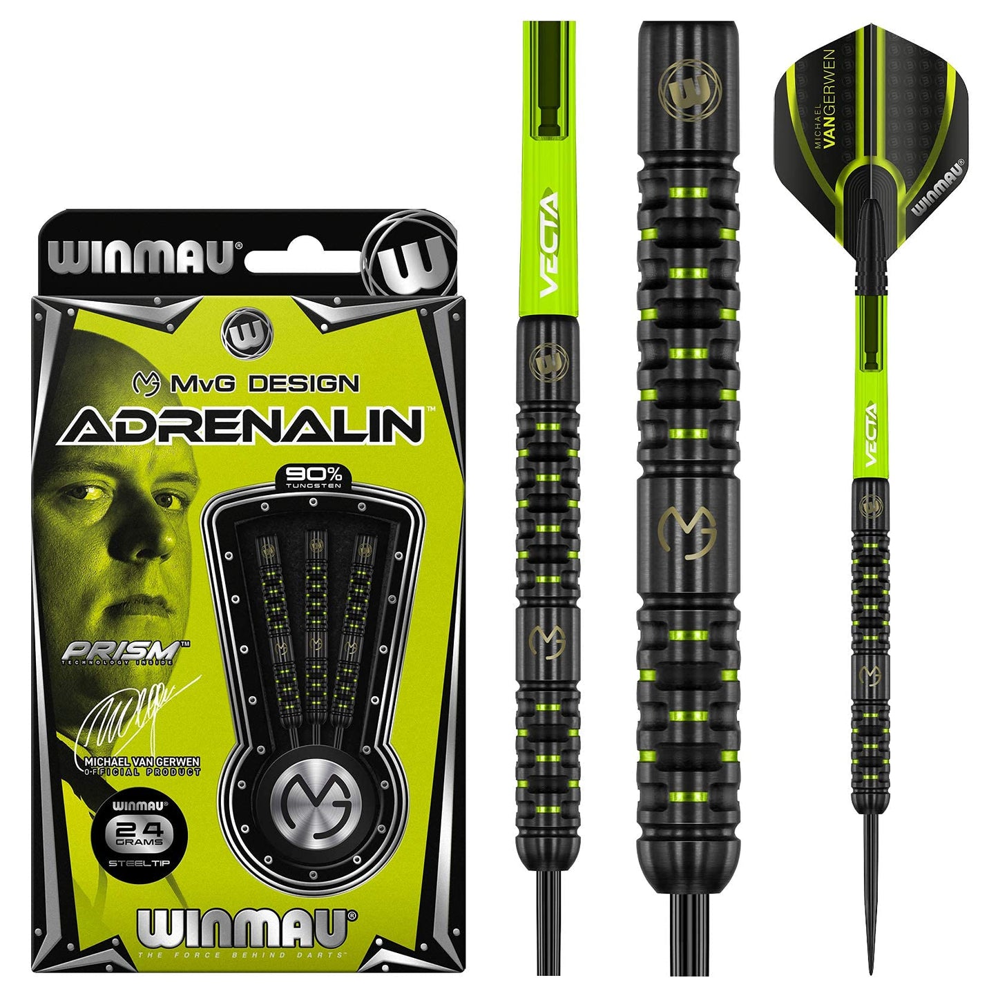 WINMAU Michael van Gerwen MvG Adrenalin Tungsten Steeltip Darts Set with Prism Flights and Vecta Shafts (Stems)