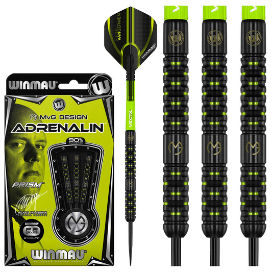 WINMAU Michael van Gerwen MvG Adrenalin Tungsten Steeltip Darts Set with Prism Flights and Vecta Shafts (Stems)
