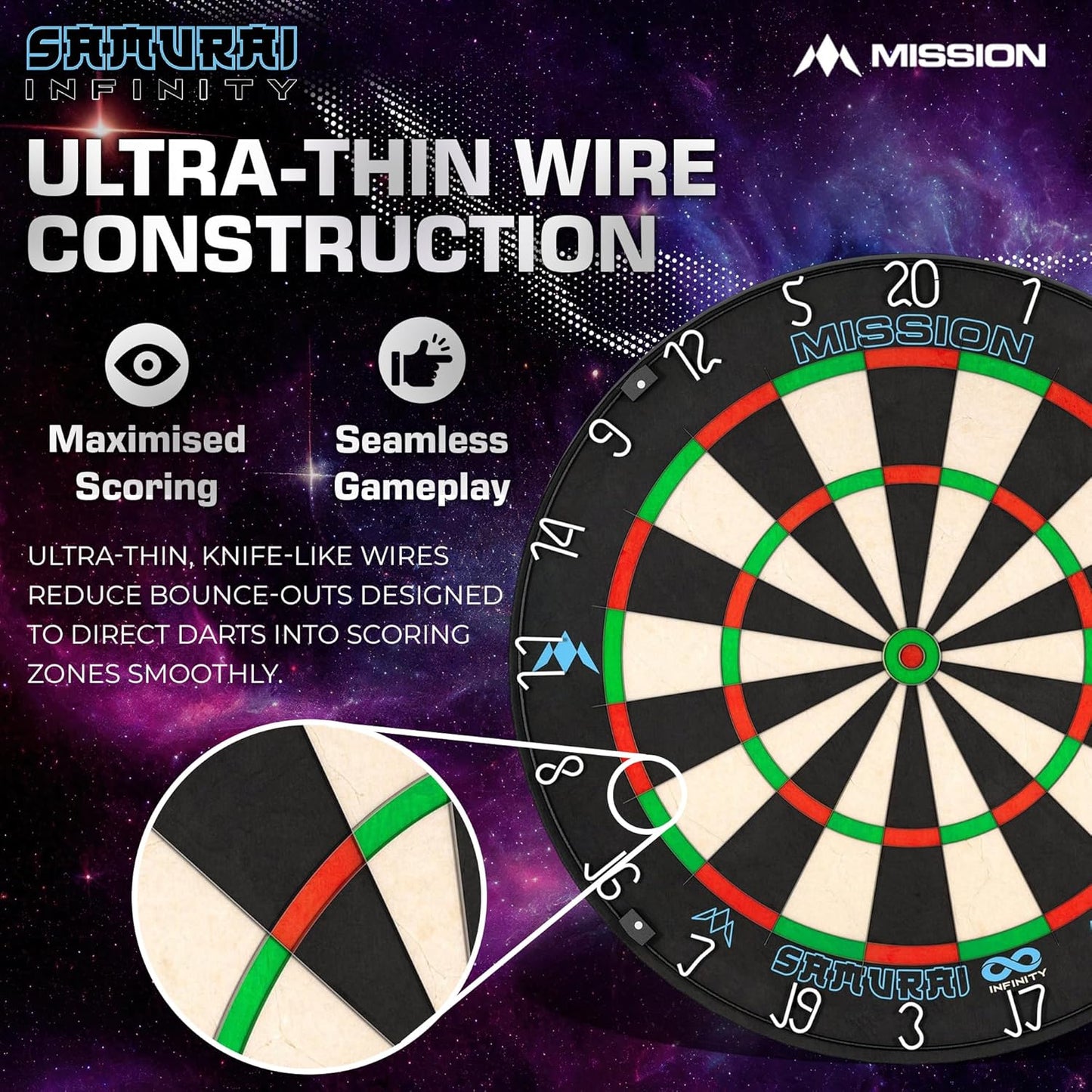 Mission Darts Samurai Infinity | Professional Competition Standard Dartboard with Ultra Thin Knife Life Wire Construction and Black Ring | DB058