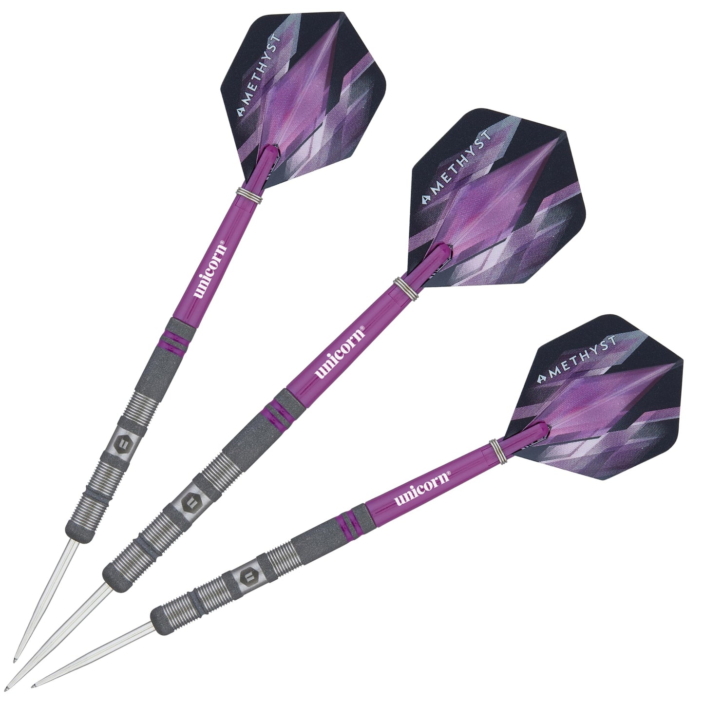Unicorn Darts Set | Amethyst 90% Natural Tungsten Gripper Finish Barrels with Purple Accents & Laser Etched U Logo Hallmark | Steel Tip | 19 g, 20 g, 21 g, 22 g, 23g or 24 g