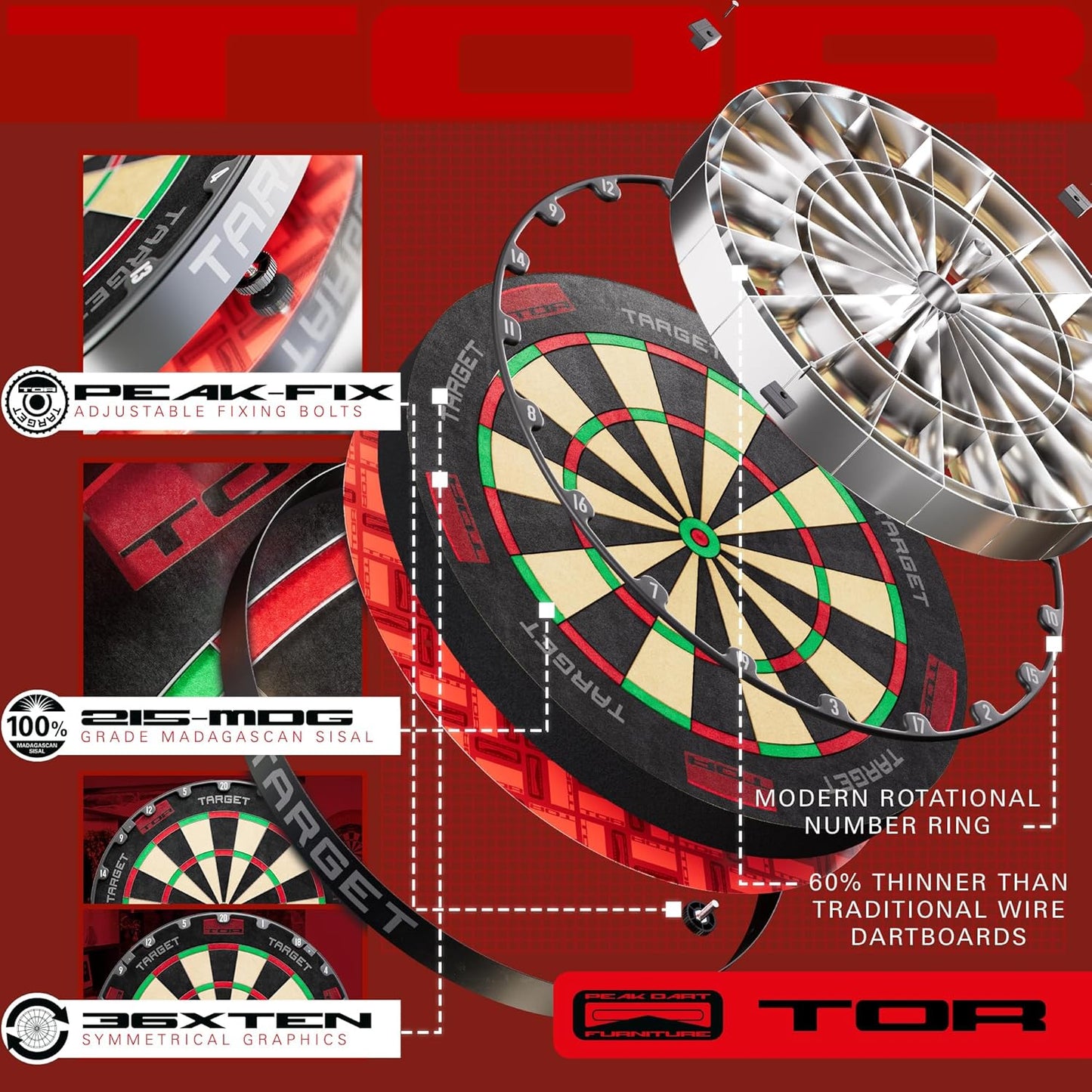 TARGET Darts TOR Dartboard, Steel Tip Dart Board | Competition Standard Steel Tip Dartboards with Fixing Kit, Modern Rotational Number Ring, Premium Madagascan Sisal, Stainless Steel Thin Wire System