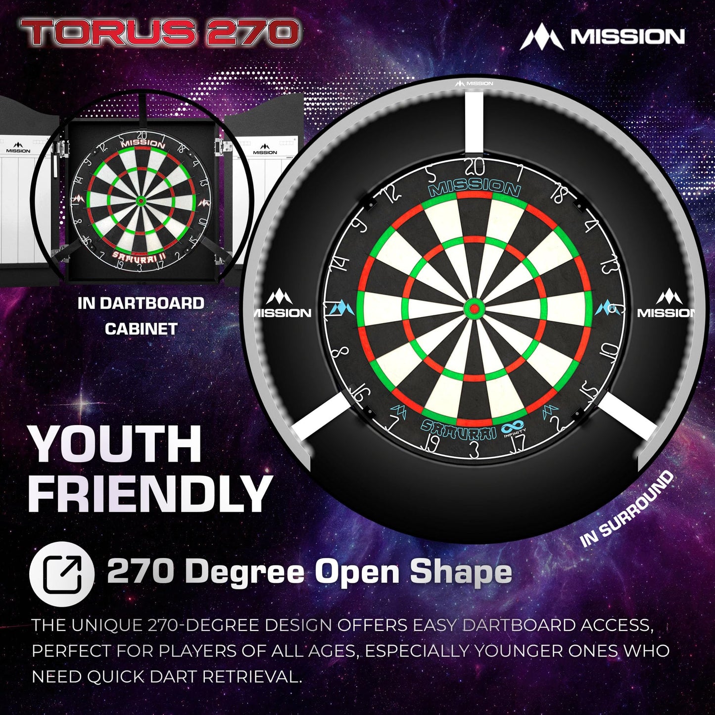 Mission Darts Torus 270 | Dart Board LED Lighting System with Easy Access to Dartboard Area for Unrestricted Play, Sand Blasted Black, Red, Blue, Green, Purple, Bronze and Silver Colours