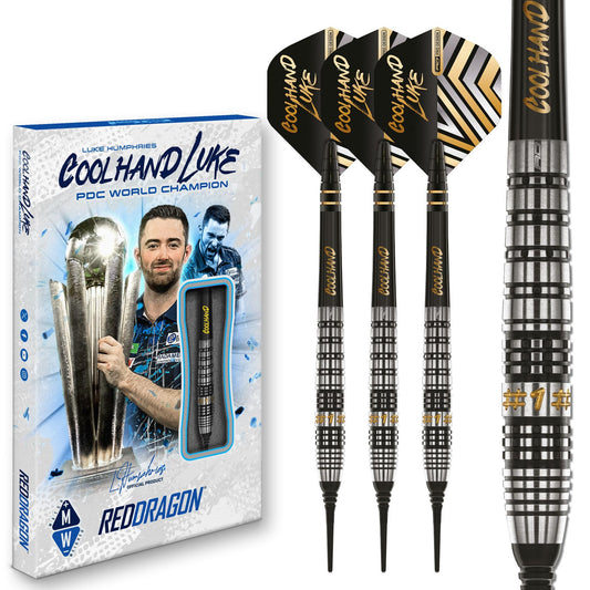 RED DRAGON Darts – Professional Player Luke Humphries Coolhand Prestige Series - 90% Tungsten Darts Set with Dart Flights & Dart Shafts (Stems) - Available in Soft Tip 18g & Steel Tip 22g, 23g & 24g