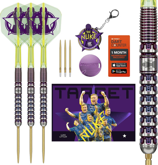 TARGET Darts Luke Littler World Champion Steel Tip Swiss Point Darts, 90% Tungsten Dart Set, 23G | The Nuke 2025 Special Edition K-Flex, Key Ring, Spare SLK Swiss Points and Premium Tool Included