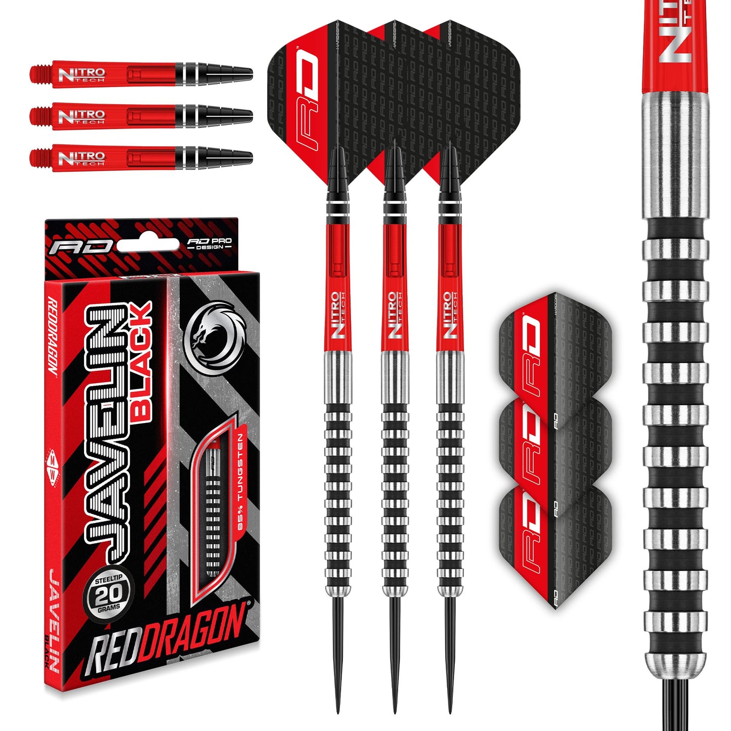 RED DRAGON Javelin Black 20g, 22g, 24g and 26g Tungsten Darts Set with Dart Flights and Dart Shafts (Stems)