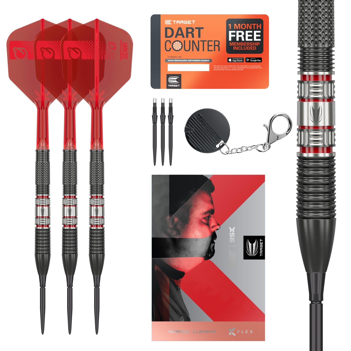 TARGET Darts Gabriel Clemens 95K Steel Tip Swiss Point Darts, 95% Tungsten Darts with K-Flex Flights, 21G/22G/23G | German Giant Clemens Darts, Player Edition Swiss Points K Flex Dart Set