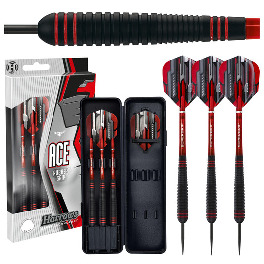 Harrows Ace Rubber Brass Steel Tip Darts Set 20g, 22g, 24g & 26g - Includes Supergrip Shafts, Micron Marathon Flights & Travel Case - 10pc Set