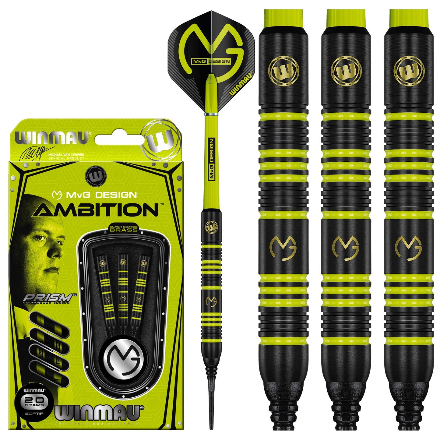 WINMAU Michael Van Gerwen MvG Ambition Professional Brass Darts Set with Flights and Shafts Available in Steeltip and Softip