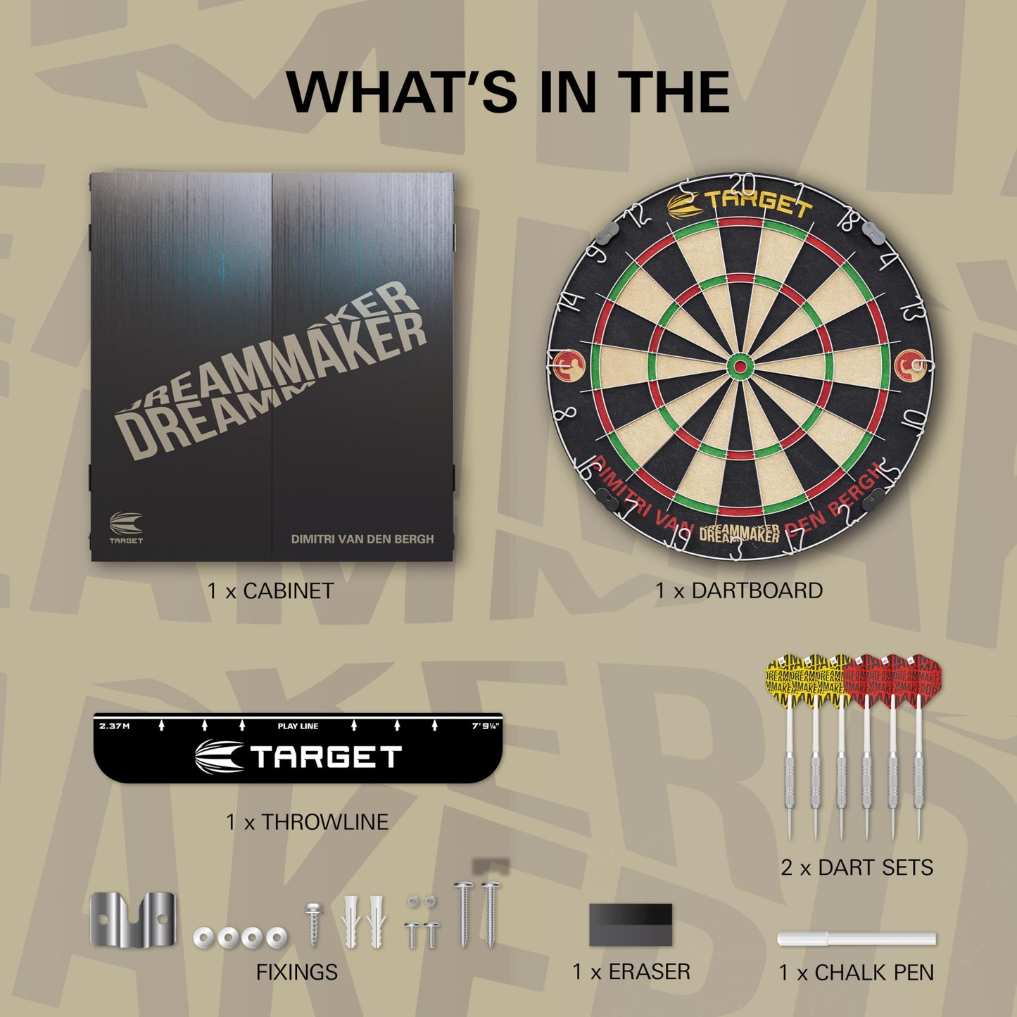 Target Darts Player Dartboard and Cabinet Set | Luke Littler/Dimitri Van den Bergh/Gabriel Clemens | Dart Board Cupboard with 2 Sets of Steel Tip Darts, Score Charts, Competition Standard Throw Line
