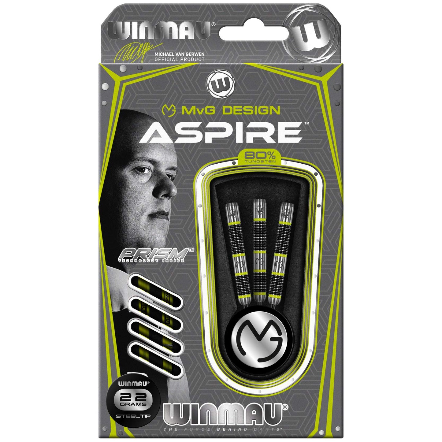 WINMAU Michael van Gerwen MvG Aspire Tungsten Steeltip Darts Set with Prism Flights and Nylon Shafts (Stems)