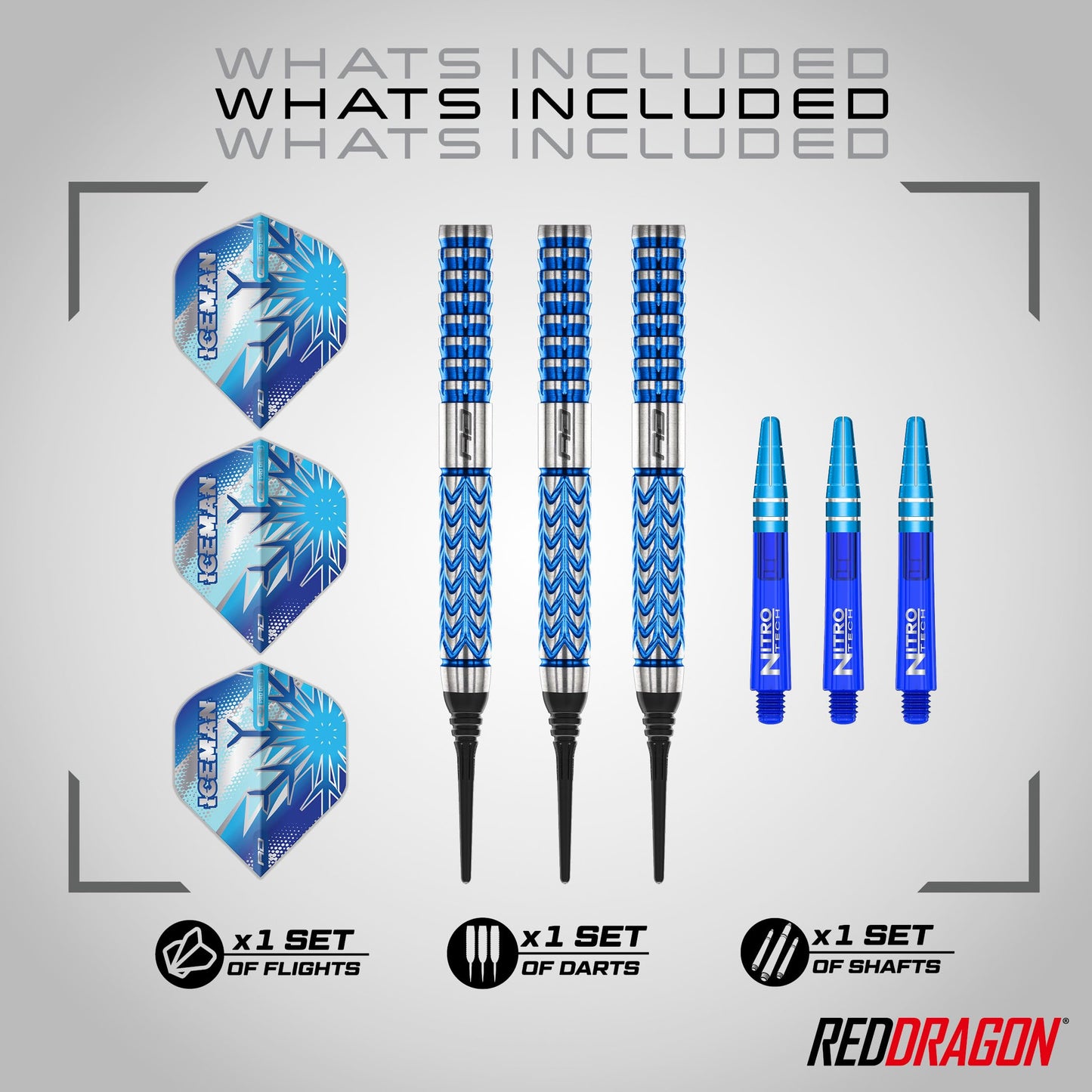 RED DRAGON Darts – Professional Player Gerwyn Price Iceman Glacier Series - 90% Tungsten Darts Set with Dart Flights and Dart Shafts (Stems) - Available in Soft Tip 18g and Steel Tip 22g, 24g & 26g