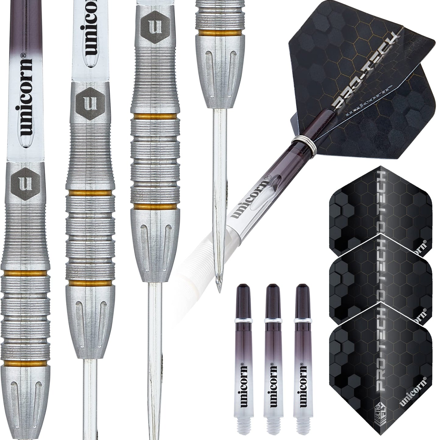 Unicorn Steel Tip Darts Set | Pro-Tech Style 1 | 90% Natural Tungsten Barrels with Golden Accents & Volute Points | 24 g