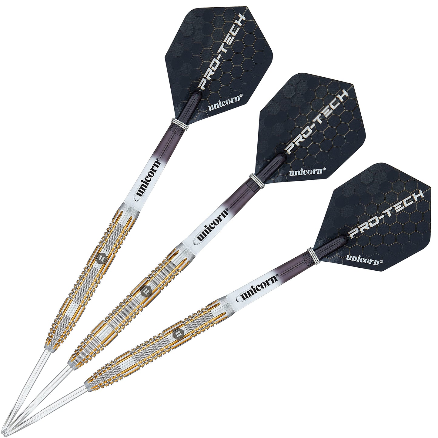 Unicorn Steel Tip Darts Set | Pro-Tech Style 1 | 90% Natural Tungsten Barrels with Golden Accents & Volute Points | 24 g