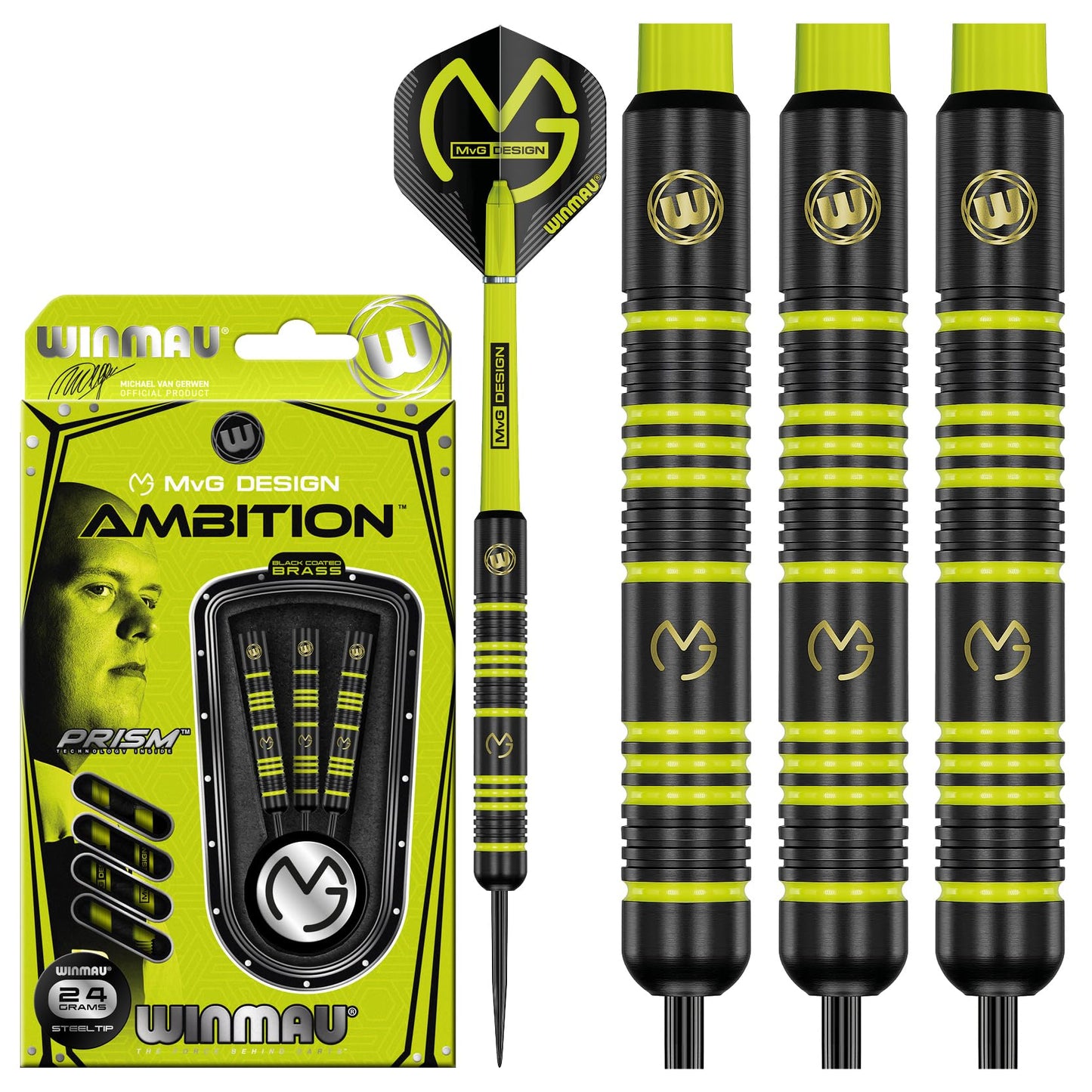 WINMAU Michael Van Gerwen MvG Ambition Professional Brass Darts Set with Flights and Shafts Available in Steeltip and Softip