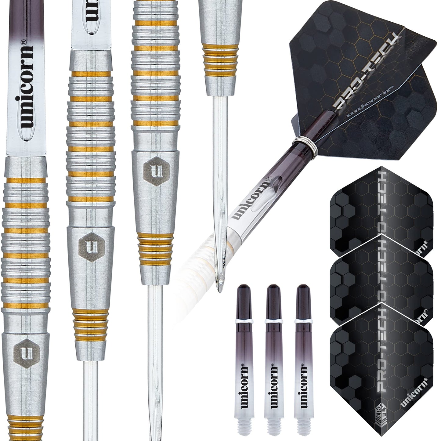 Unicorn Steel Tip Darts Set | Pro-Tech Style 1 | 90% Natural Tungsten Barrels with Golden Accents & Volute Points | 24 g