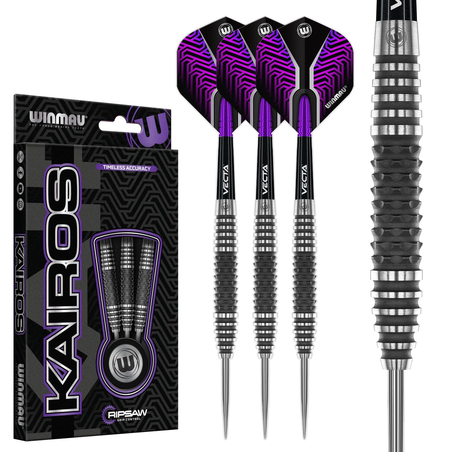 WINMAU Darts Kairos Series 90% Professional Tungsten Steel Tip Darts Set with Dart Flights and Dart Shafts (Stems) - Available in Two Styles - Available weights 21g, 23g 24g and 26g