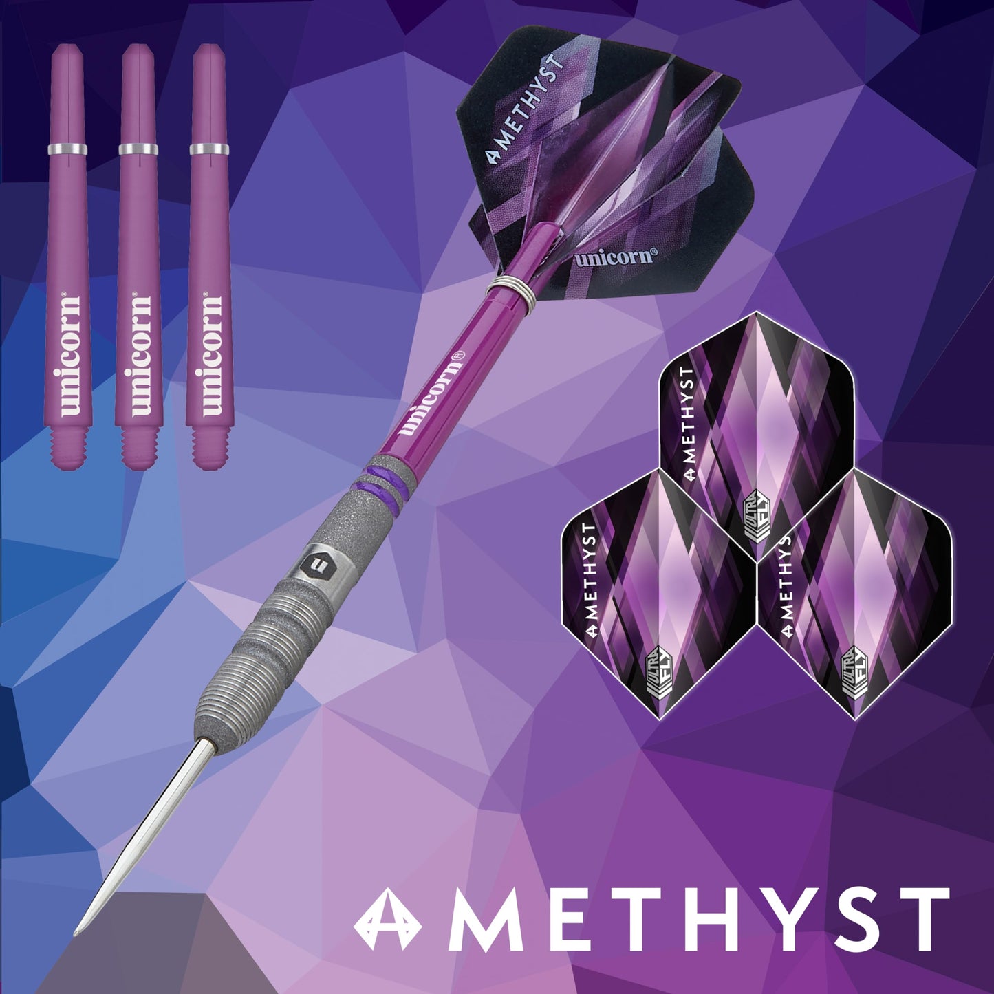 Unicorn Darts Set | Amethyst 90% Natural Tungsten Gripper Finish Barrels with Purple Accents & Laser Etched U Logo Hallmark | Steel Tip | 19 g, 20 g, 21 g, 22 g, 23g or 24 g