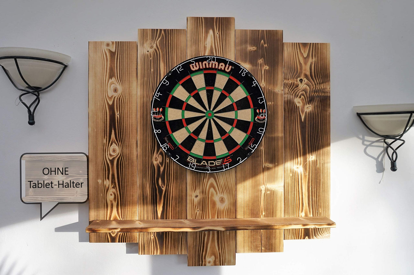 WOODEN Dartboard Surround | Premium dart wall protection & tablet holder | Flamed "Burned Look" or colour design (catch ring, dart surround, backboard)