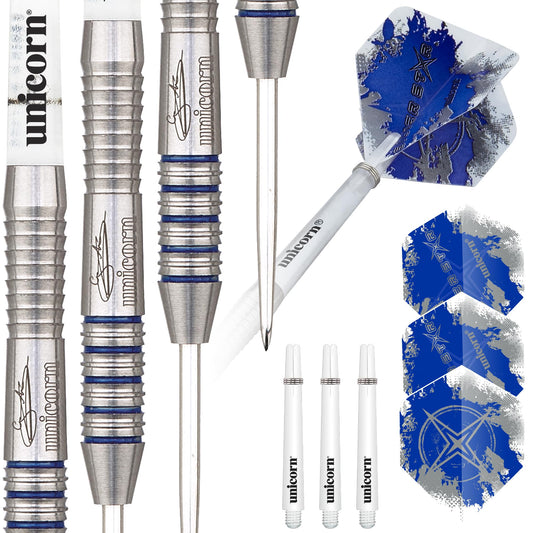 Unicorn Steel Tip Darts Set - Gary 'The Flying Scotsman' Anderson Silver Star - 80% Natural Tungsten Barrels with Blue Accents - 20 g, 21 g, 22 g, 23 g, 24 g, 25 g or 27g