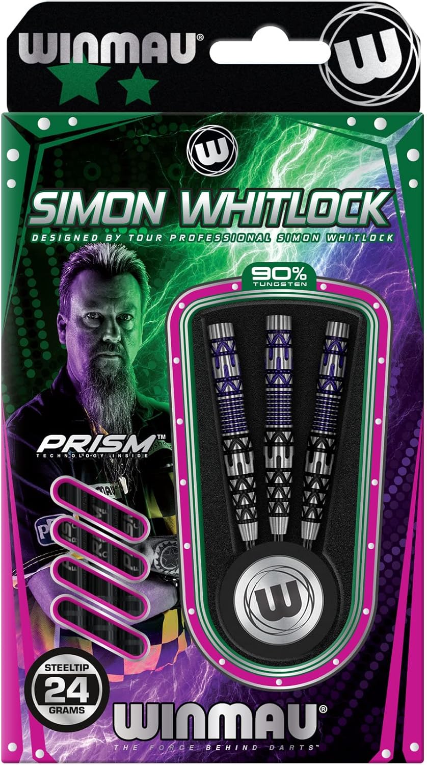 WINMAU Simon Whitlock Special Edition Tungsten Steeltip Darts Set 24g with Prism Flights and Shafts (Stems)