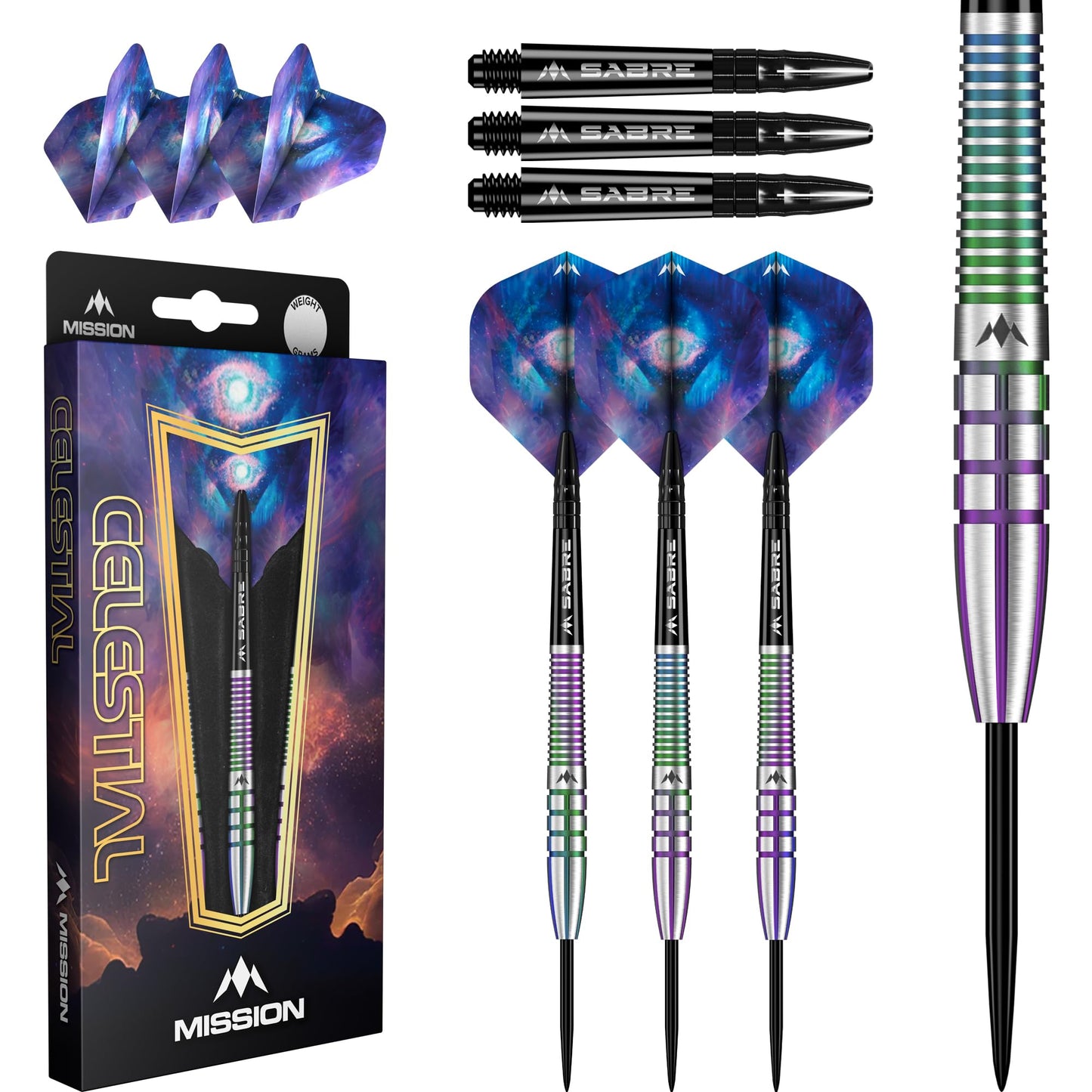 Mission | Celestial Darts | Steel Tip Darts Set | 95% Tungsten Barrel | Coral PVD | Includes Dart Flights and Stems | Available in Multiple Weights.