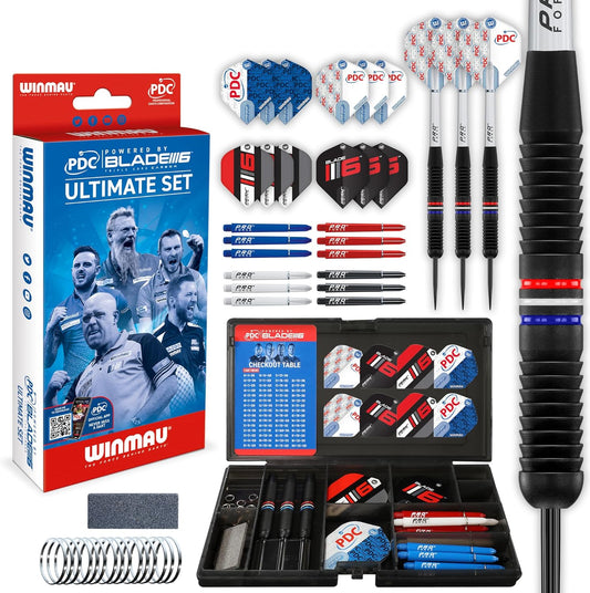 WINMAU Darts – PDC Ultimate Set – 22g Steel Tip Professional Brass Darts Set and Accessories – Includes Dart Flights, Shafts, Point Sharpener & Black Transparent Plastic Tournament Case