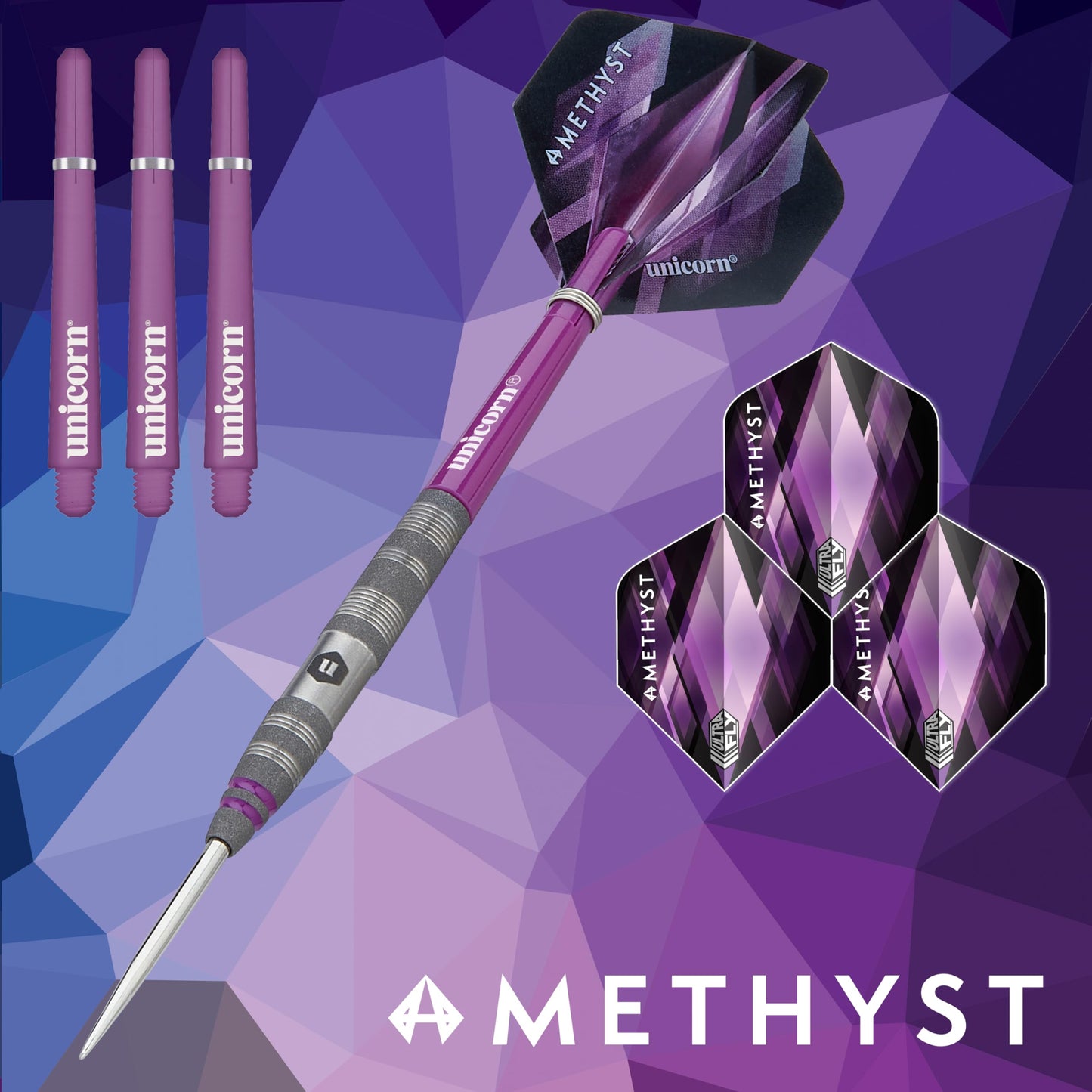 Unicorn Darts Set | Amethyst 90% Natural Tungsten Gripper Finish Barrels with Purple Accents & Laser Etched U Logo Hallmark | Steel Tip | 19 g, 20 g, 21 g, 22 g, 23g or 24 g