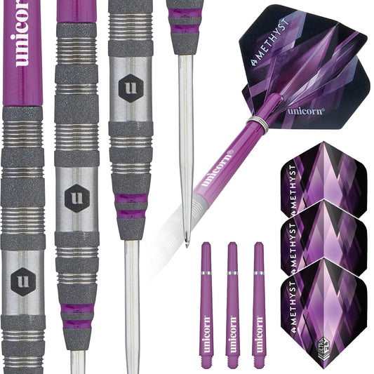 Unicorn Darts Set | Amethyst 90% Natural Tungsten Gripper Finish Barrels with Purple Accents & Laser Etched U Logo Hallmark | Steel Tip | 19 g, 20 g, 21 g, 22 g, 23g or 24 g